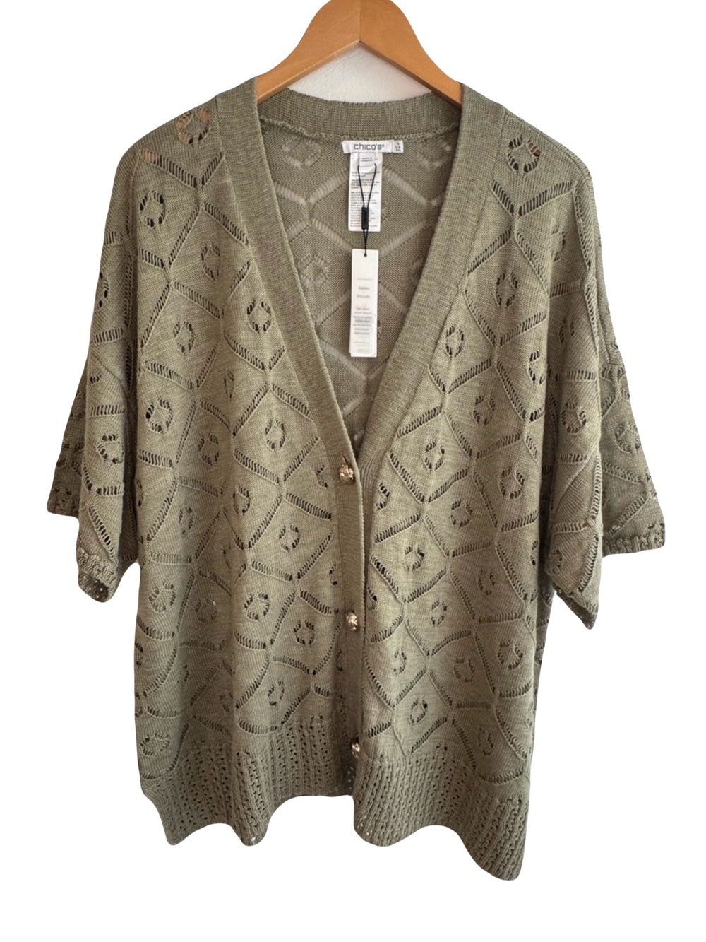 NWT Chico's Sage Green Open Weave Short-Sleeve Button Cardigan Sweater XXL